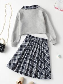 女孩格紋字母圖案T恤和半身裙 - 彩色 - 查看 2