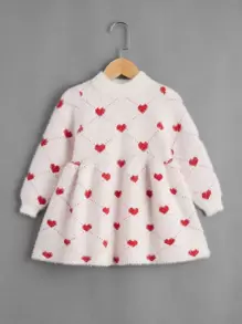 Toddler Girls Heart Pattern Fuzzy Jumper Dress - Red and White - View 1