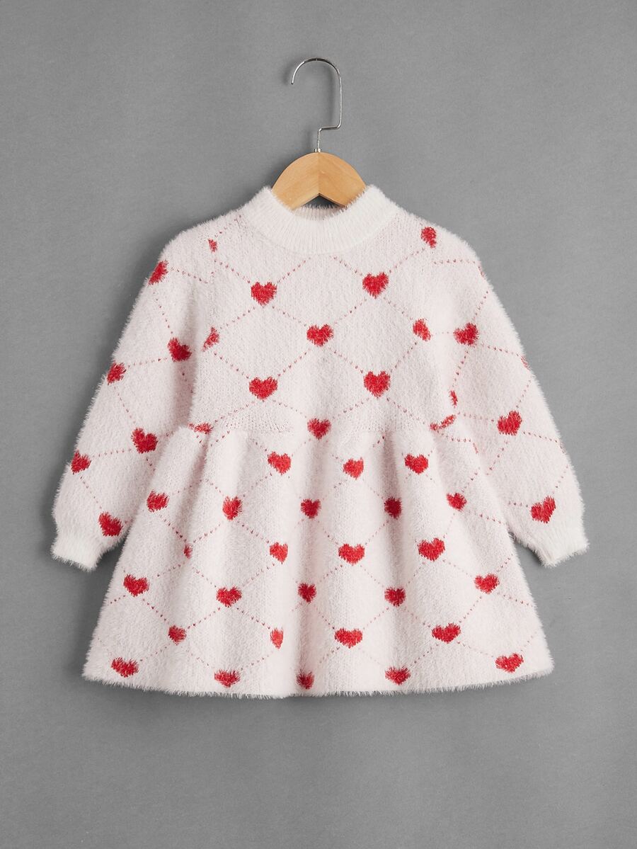 Toddler Girls Heart Pattern Fuzzy Jumper Dress - Red and White - View 1