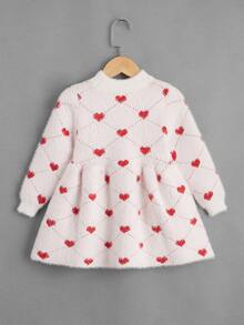 Toddler Girls Heart Pattern Fuzzy Jumper Dress - Red and White - View 2