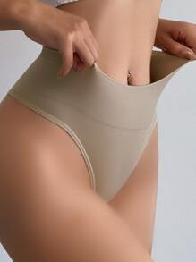Women's Khaki High Waisted Thong Rib Knit Casual Semi Sheer Long High Stretch Underwear - Khaki - View 5