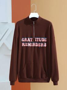 Atosha Half Zipper Placket Drop Shoulder Letter Pattern Kangaroo Pocket Sweatshirt - Chocolate Brown - View 1