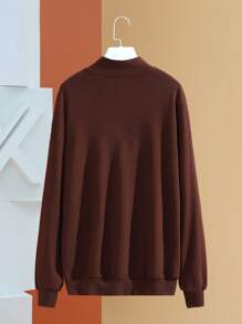 Atosha Half Zipper Placket Drop Shoulder Letter Pattern Kangaroo Pocket Sweatshirt - Chocolate Brown - View 2