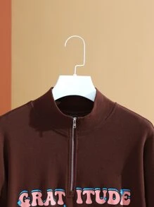 Atosha Half Zipper Placket Drop Shoulder Letter Pattern Kangaroo Pocket Sweatshirt - Chocolate Brown - View 5