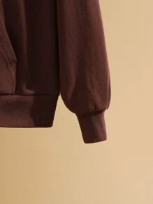 Atosha Half Zipper Placket Drop Shoulder Letter Pattern Kangaroo Pocket Sweatshirt - Chocolate Brown - View 4