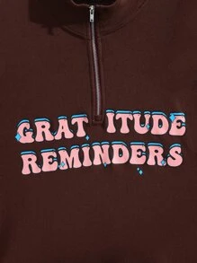 Atosha Half Zipper Placket Drop Shoulder Letter Pattern Kangaroo Pocket Sweatshirt - Chocolate Brown - View 6