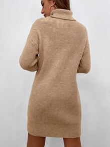 SHEIN LUNE Ribbed Turtleneck Mini Jumper Dress - Khaki - View 2