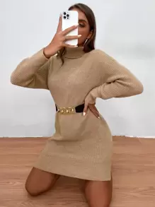 SHEIN LUNE Ribbed Turtleneck Mini Jumper Dress - Khaki - View 5