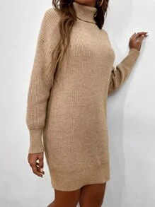 SHEIN LUNE Ribbed Turtleneck Mini Jumper Dress - Khaki - View 6