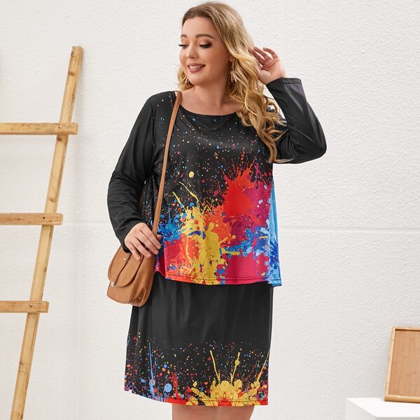 

Plus Splash Ink Print Tee And Skirt, Multicolor