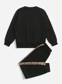SHEIN 少年男孩格紋拼接馬和人物刺繡運動衫和運動長褲 - 黑色 - 查看 2