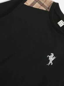 SHEIN 少年男孩格紋拼接馬和人物刺繡運動衫和運動長褲 - 黑色 - 查看 4