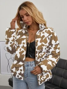 SHEIN Essnce Allover Print Zipper Padded Padded Coat Clothes Winter - Multicolor - View 3