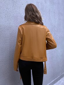 SHEIN LUNE 斜拉鍊腰帶下擺PU皮革機車夾克 - 棕色 - 查看 2