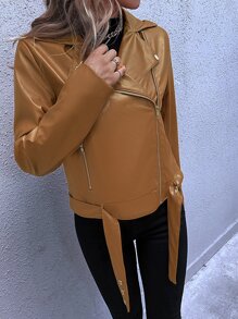 SHEIN LUNE 斜拉鍊腰帶下擺PU皮革機車夾克 - 棕色 - 查看 3