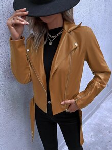 SHEIN LUNE 斜拉鍊腰帶下擺PU皮革機車夾克 - 棕色 - 查看 4