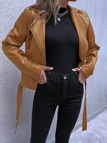 SHEIN LUNE 斜拉鍊腰帶下擺PU皮革機車夾克 - 棕色 - 查看 5