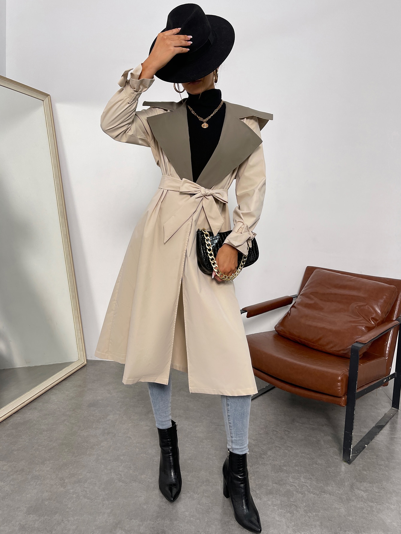 SHEIN Privé Contrast Collar Knot Cuff Belted Trench Coat SHEIN USA