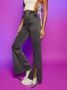 SHEIN Essnce 千鳥格側打結下擺開叉喇叭褲 - 深灰色 - 查看 1