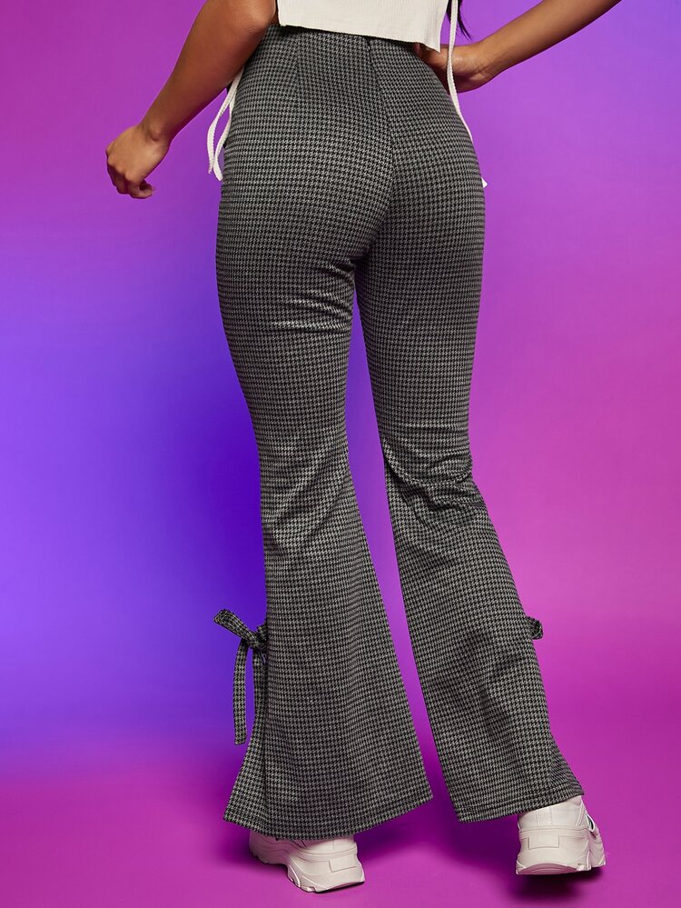 Houndstooth Knot Side Split Hem Flare Leg Pants