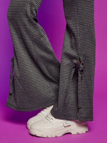 SHEIN Essnce 千鳥格側打結下擺開叉喇叭褲 - 深灰色 - 查看 4