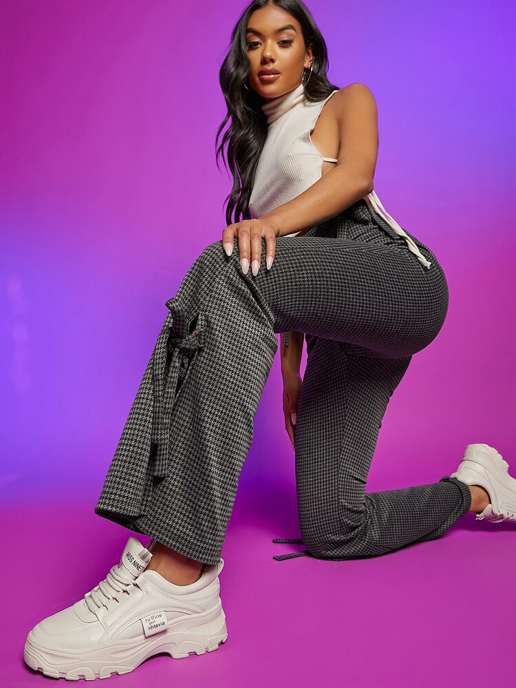 Houndstooth Knot Side Split Hem Flare Leg Pants