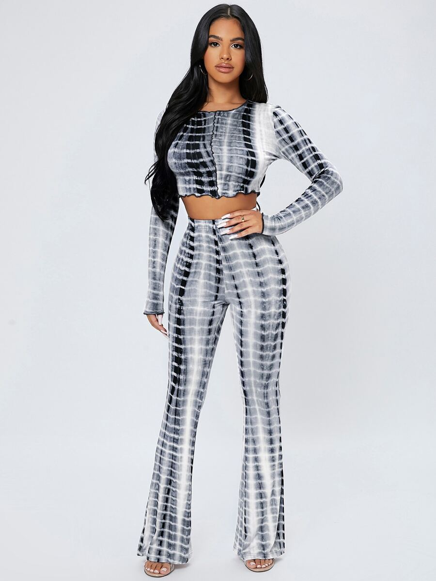 SHEIN PETITE Tie Dye Lettuce Trim Crop Top & Flare Leg Pants - Black and White - View 1