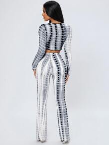 SHEIN PETITE Tie Dye Lettuce Trim Crop Top & Flare Leg Pants - Black and White - View 2