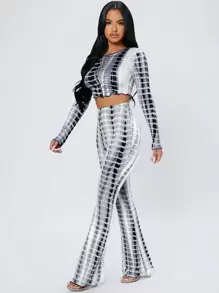 SHEIN PETITE Tie Dye Lettuce Trim Crop Top & Flare Leg Pants - Black and White - View 4