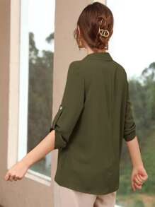 Seusyu 卷袖纯色衬衫，长袖上衣