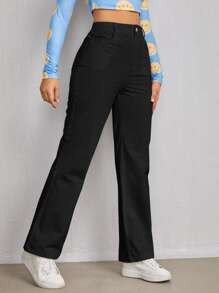 SHEIN Pantalones rectos unicolor de talle alto - Negro - Ver 5