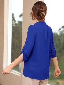 SHEIN LUNE Roll-up Sleeve Solid Blouse - Royal Blue - View 2