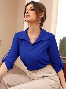 SHEIN LUNE Roll-up Sleeve Solid Blouse - Royal Blue - View 3