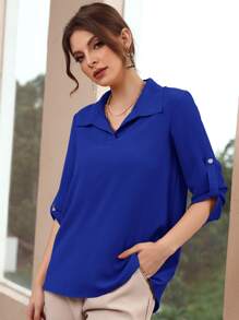 SHEIN LUNE Roll-up Sleeve Solid Blouse - Royal Blue - View 5