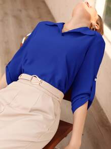 SHEIN LUNE Roll-up Sleeve Solid Blouse - Royal Blue - View 6