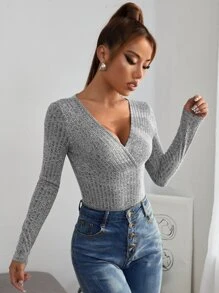 SHEIN PETITE Surplice Neck Slim Fit Bodysuit - Light Grey - View 3