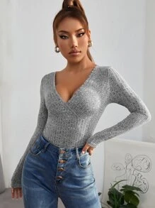 SHEIN PETITE Surplice Neck Slim Fit Bodysuit - Light Grey - View 5