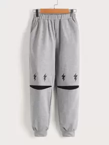 SHEIN 女孩閃電圖案彈性腰帶衛褲 - 淺灰色 - 查看 1