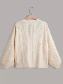 SHEIN LUNE 大码女式纯色 V 领单排扣长袖休闲百搭开衫，适合通勤和户外，秋冬季 - 米色 - 查看 2