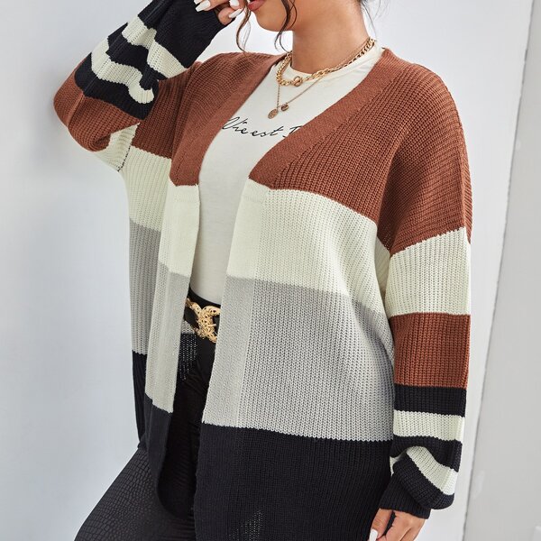 

Plus Striped Pattern Colorblock Drop Shoulder Cardigan, Multicolor