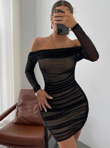 SHEIN SXY Đầm Tương phản Mesh Xù màu trơn Gợi cảm - màu đen - Xem 4