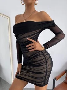 SHEIN SXY Đầm Tương phản Mesh Xù màu trơn Gợi cảm - màu đen - Xem 5