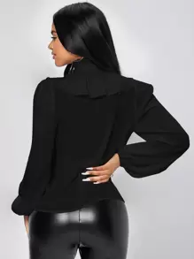 SHEIN PETITE Ruffle Trim Jabot Collar Blouse - Black - View 2