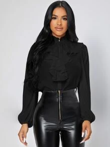 SHEIN PETITE Ruffle Trim Jabot Collar Blouse - Black - View 3