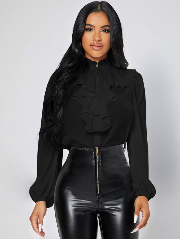 SHEIN PETITE Ruffle Trim Jabot Collar Blouse SHEIN USA
