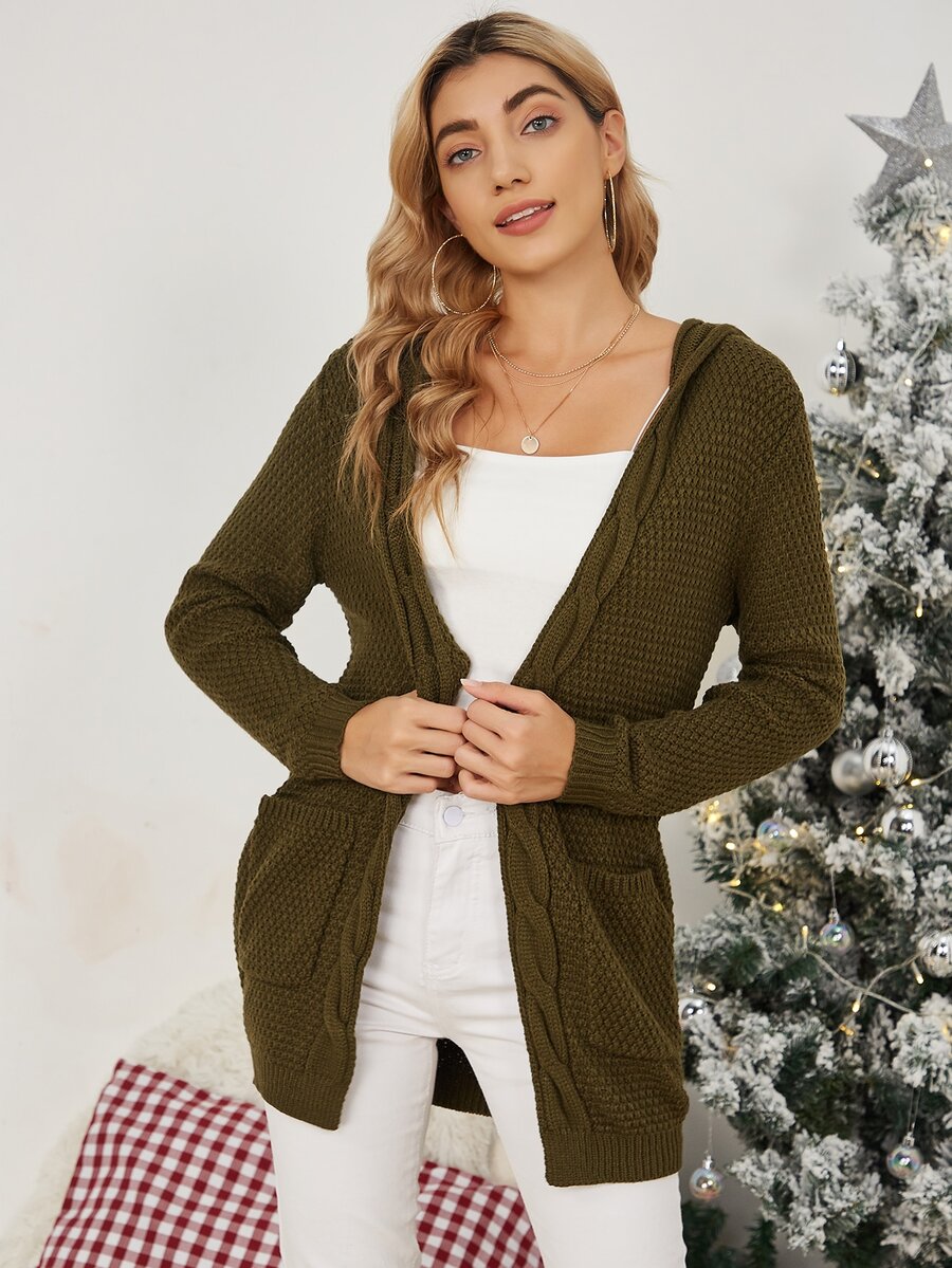 AAmilife Double Pocket Hooded Cardigan - Army Green - View 1