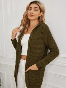 AAmilife Double Pocket Hooded Cardigan - Army Green - View 3