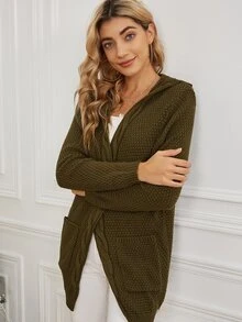 AAmilife Double Pocket Hooded Cardigan - Army Green - View 4