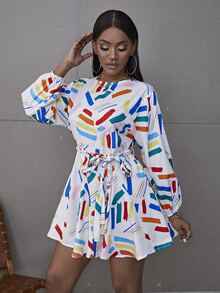 Glamaker 筆刷圖案燈籠袖繫腰帶洋裝