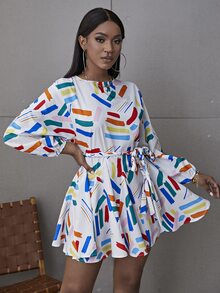 Glamaker 筆刷圖案燈籠袖繫腰帶洋裝